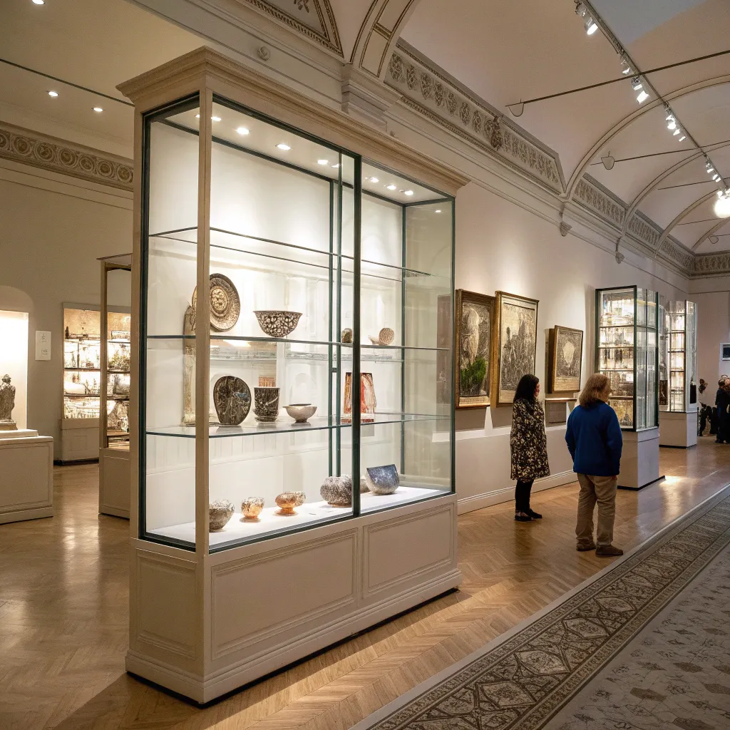 Custom built-in display units in an art gallery by CYLARITH, featuring adaptable shelving